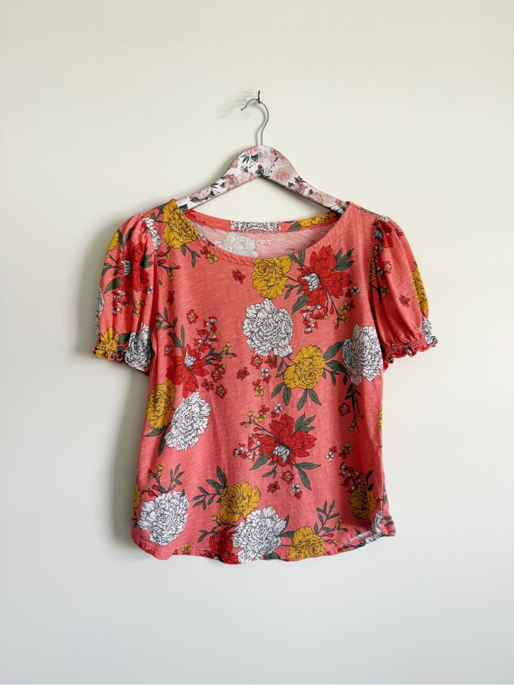 LOFT Orange Floral Boatneck Puff Short Sleeve Top Small